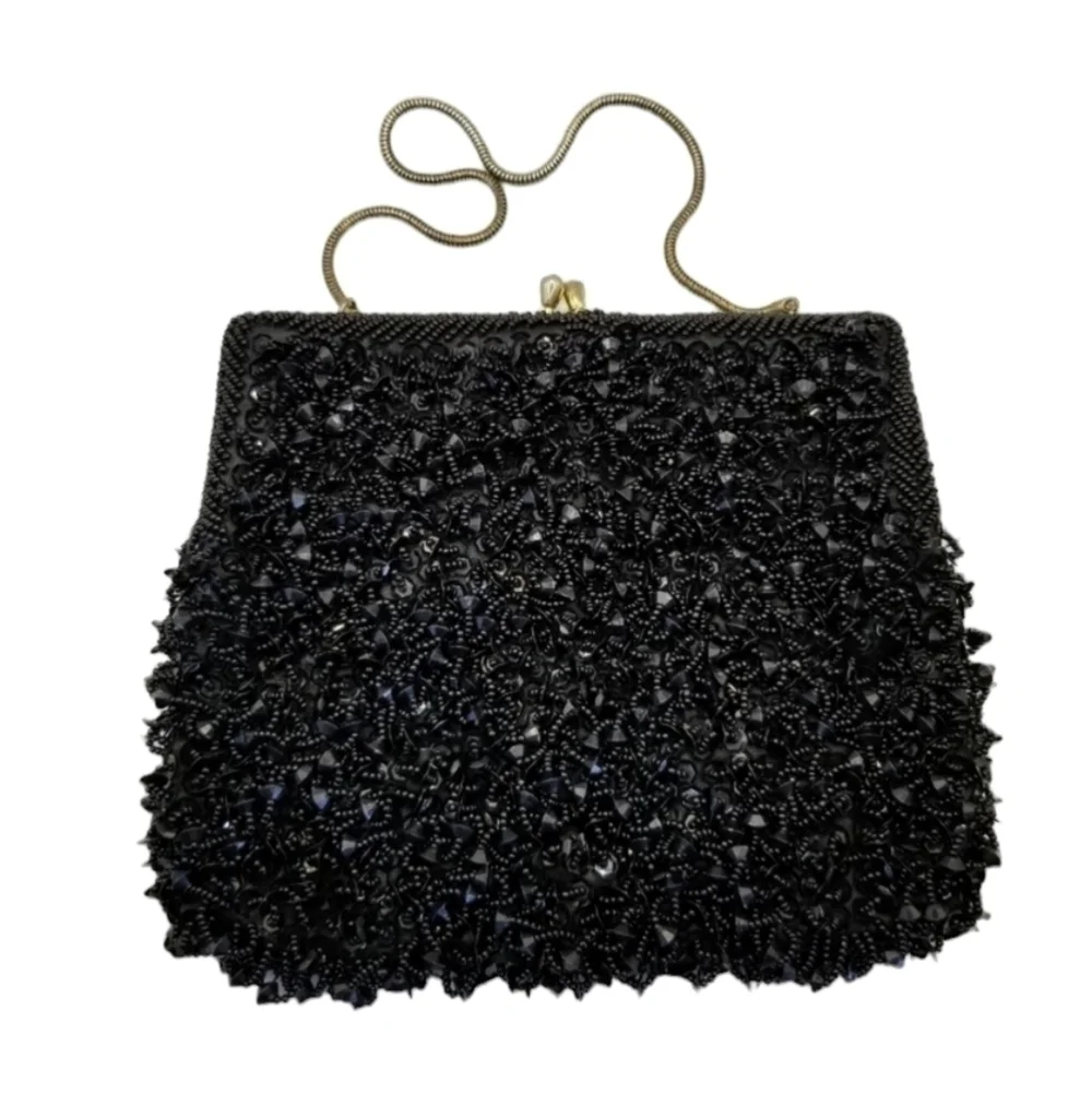 Heavily Beaded Handbag Clutch Black Rhinestone Kiss Lock Richere Bag Hong Kong